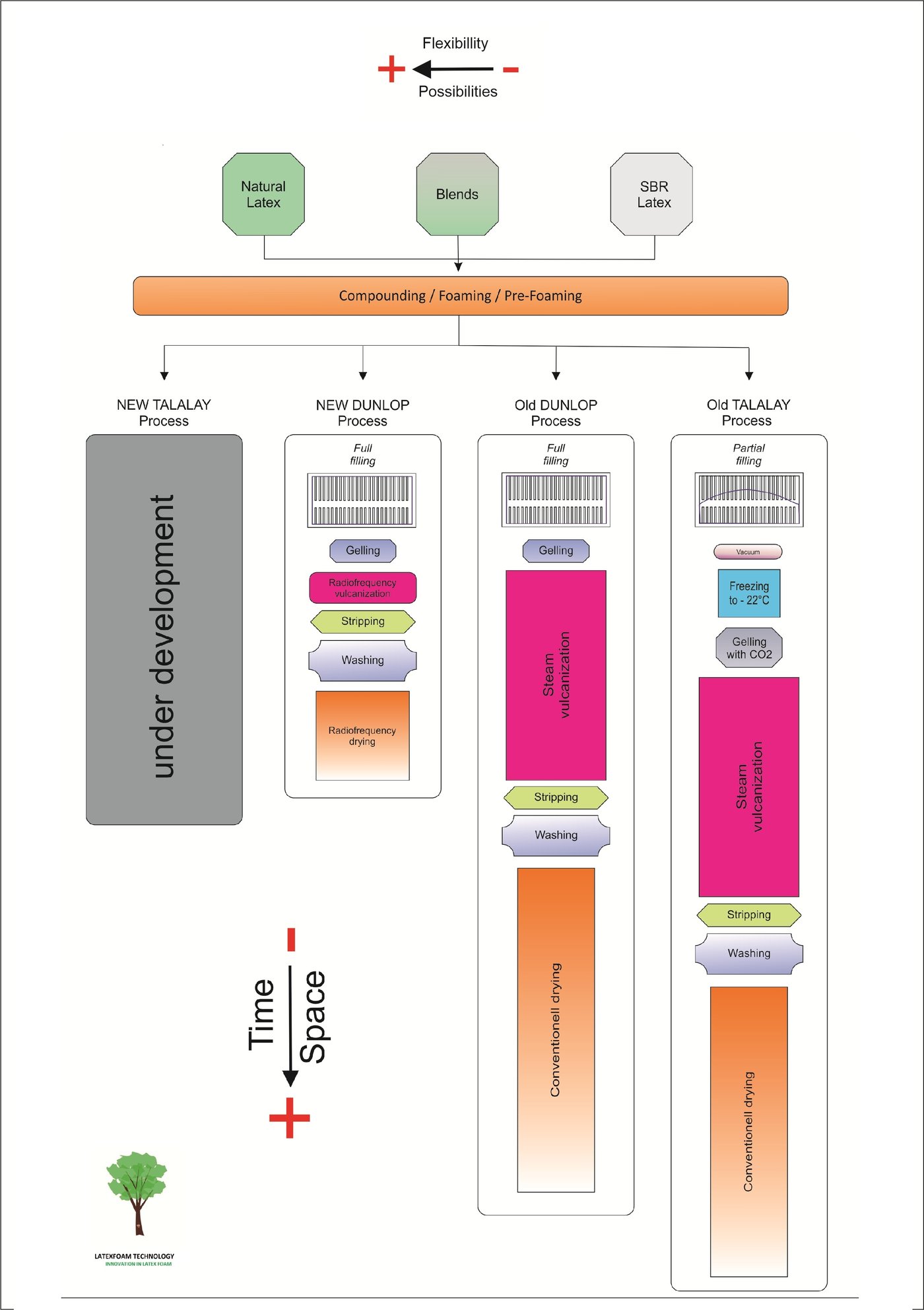 Official process comparison diagram: Old Dunlop, New Dunlop with radiofrequency vulcanization, Old Talalay, and New Talalay under development, showing reduced time and space